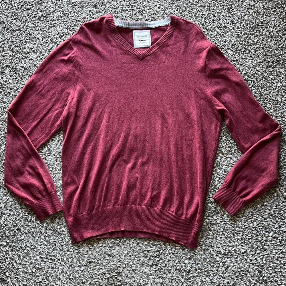 Old Navy Cotton Cashmere Burgundy Vneck Sweater Mens XL Preppy Minimalist Office